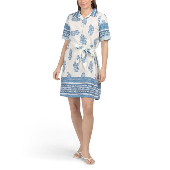 LUISA PERLA  Italy Linen Blend Short Sleeve Floral Mini Shirt Dress - Picture 1 of 2